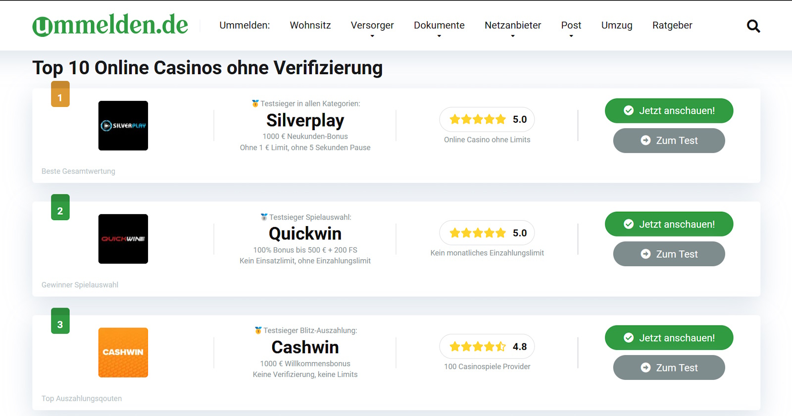 die besten online casinos ohne verifizierung